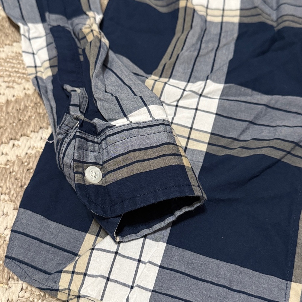 Express Men's Navy, Tan and White plaid button down shirt XS - Picture 5 of 6